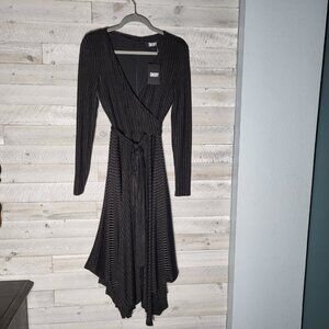 NWT DKNY women S black ribbed wrap style asymmetrical hem, midi dress. Cocktail.